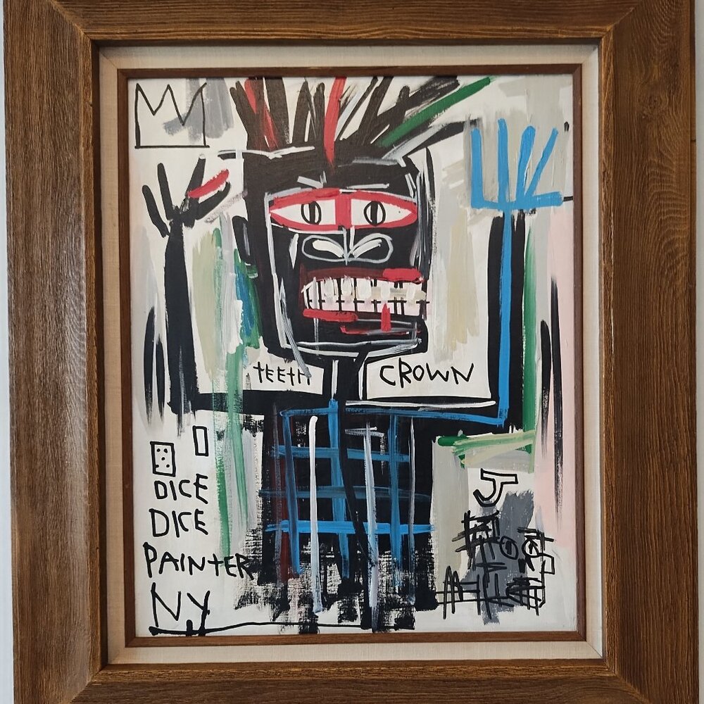 Vintage Iconic Jean-Michel Basquiat Self Portrait Manhattan NYC 1980's Painting.